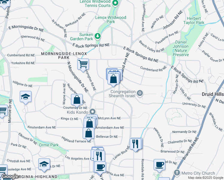 map of restaurants, bars, coffee shops, grocery stores, and more near 1385 North Highland Avenue Northeast in Atlanta