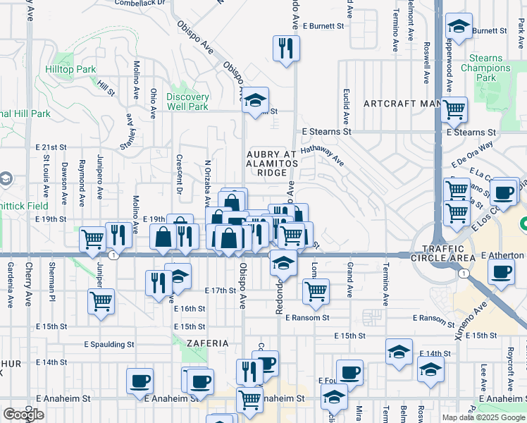 map of restaurants, bars, coffee shops, grocery stores, and more near 3271 East 19th Street in Signal Hill