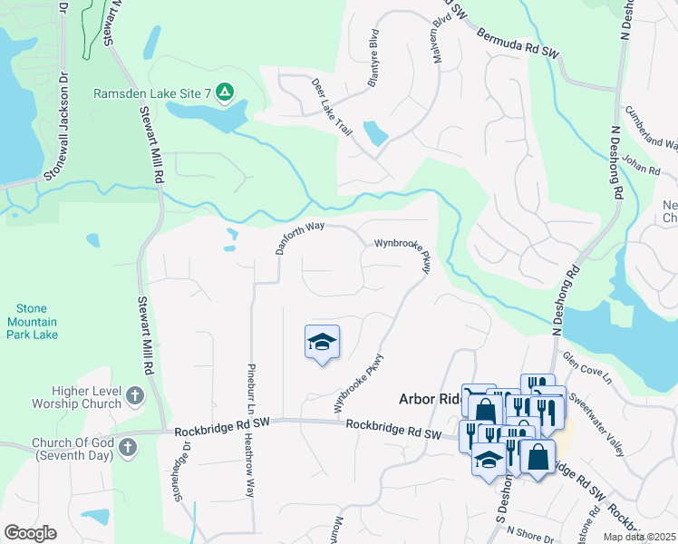 map of restaurants, bars, coffee shops, grocery stores, and more near 597 Wynmeadow Court in Stone Mountain