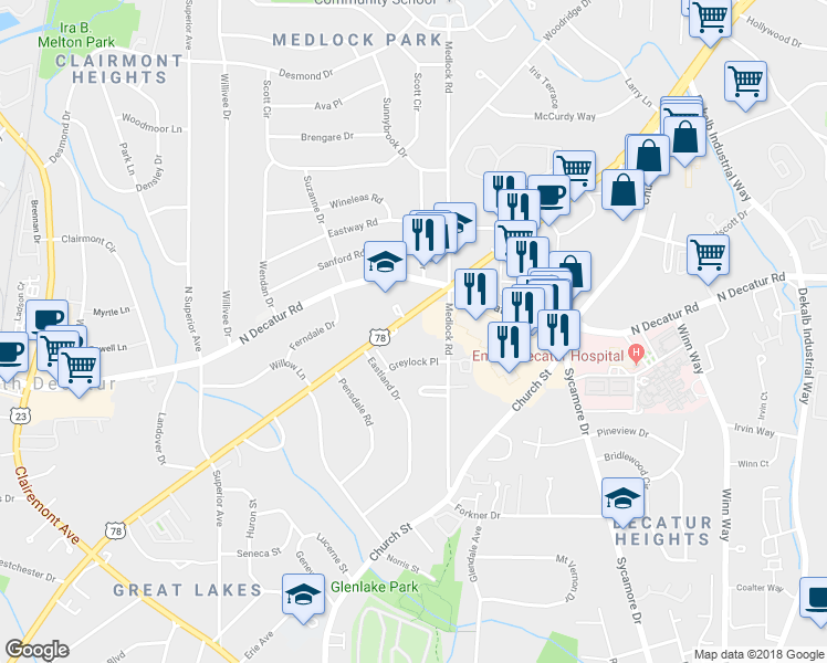 map of restaurants, bars, coffee shops, grocery stores, and more near 1457 Scott Boulevard in Decatur