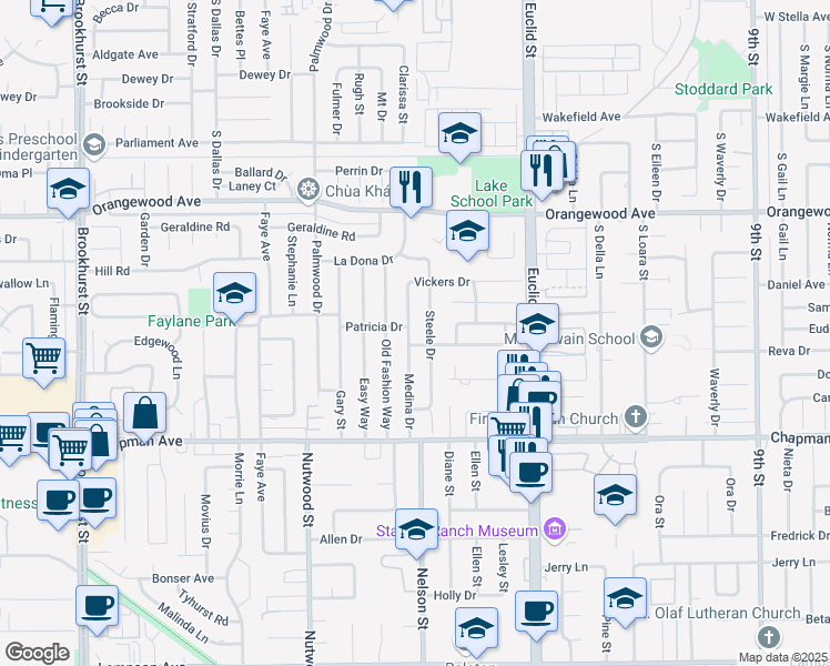 map of restaurants, bars, coffee shops, grocery stores, and more near 11752 Medina Drive in Garden Grove