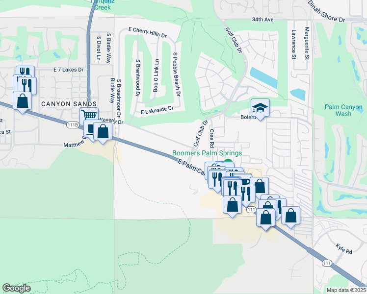 map of restaurants, bars, coffee shops, grocery stores, and more near 5301 East Waverly Drive in Palm Springs