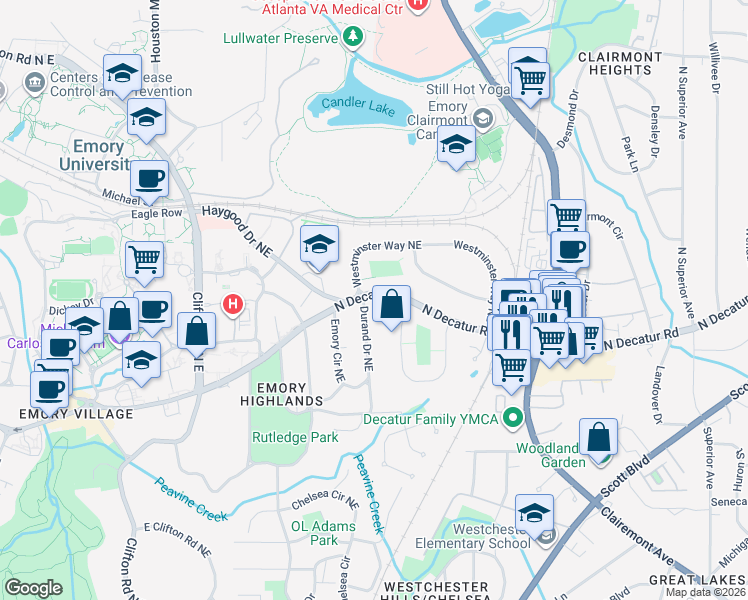 map of restaurants, bars, coffee shops, grocery stores, and more near 1911 North Decatur Road in Atlanta
