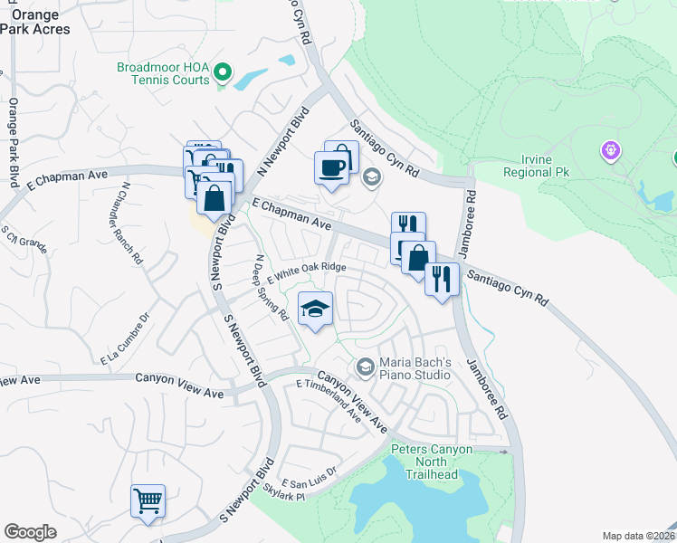 map of restaurants, bars, coffee shops, grocery stores, and more near 8115 East Star Pine Road in Orange