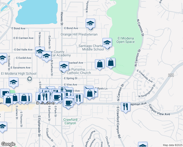 map of restaurants, bars, coffee shops, grocery stores, and more near 19041 East Avenida Palmar in Orange