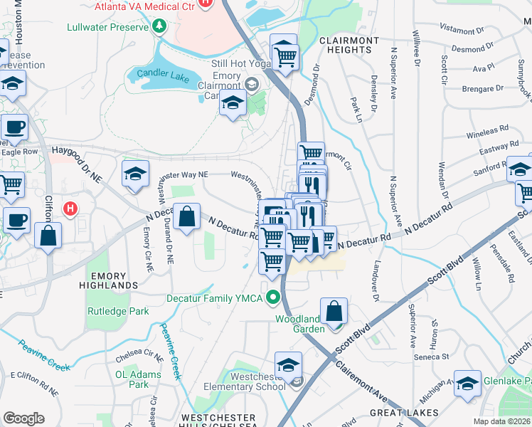 map of restaurants, bars, coffee shops, grocery stores, and more near 2022 Westminster Way Northeast in Atlanta