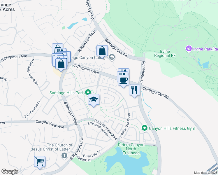 map of restaurants, bars, coffee shops, grocery stores, and more near East White Oak Ridge in Orange