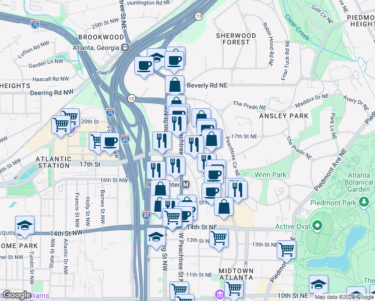 map of restaurants, bars, coffee shops, grocery stores, and more near 0 17th Street Northeast in Atlanta