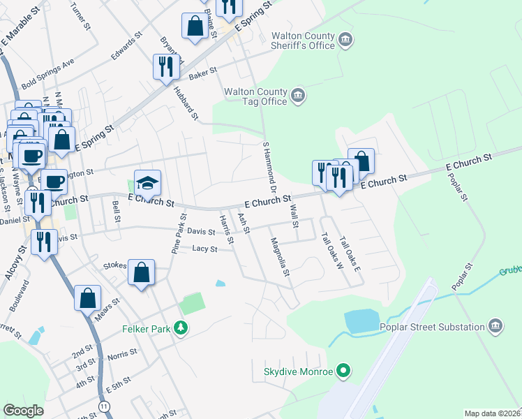 map of restaurants, bars, coffee shops, grocery stores, and more near 916 East Church Street in Monroe