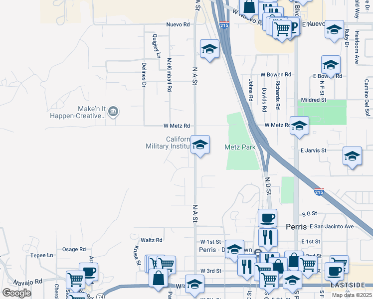 map of restaurants, bars, coffee shops, grocery stores, and more near 642 Roadrunner Way in Perris