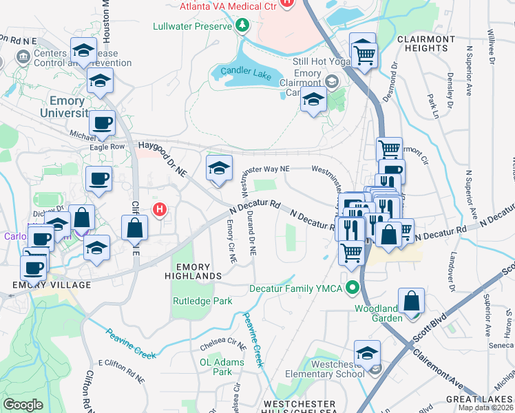 map of restaurants, bars, coffee shops, grocery stores, and more near 1911 North Decatur Road in Atlanta