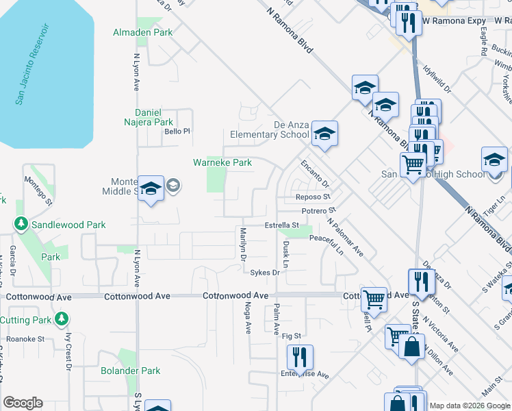 map of restaurants, bars, coffee shops, grocery stores, and more near 401 Hazeldell Avenue in San Jacinto