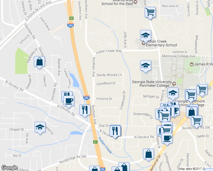 map of restaurants, bars, coffee shops, grocery stores, and more near 3543 Cloudland Drive in Stone Mountain