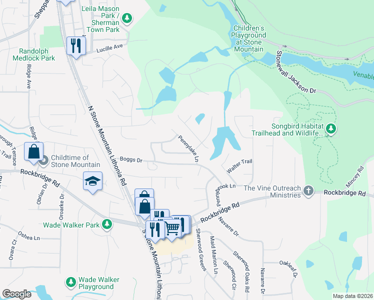 map of restaurants, bars, coffee shops, grocery stores, and more near 5618 Pennybrook Ct in Stone Mountain