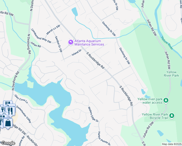 map of restaurants, bars, coffee shops, grocery stores, and more near 5150 Rock Place Drive Southwest in Stone Mountain
