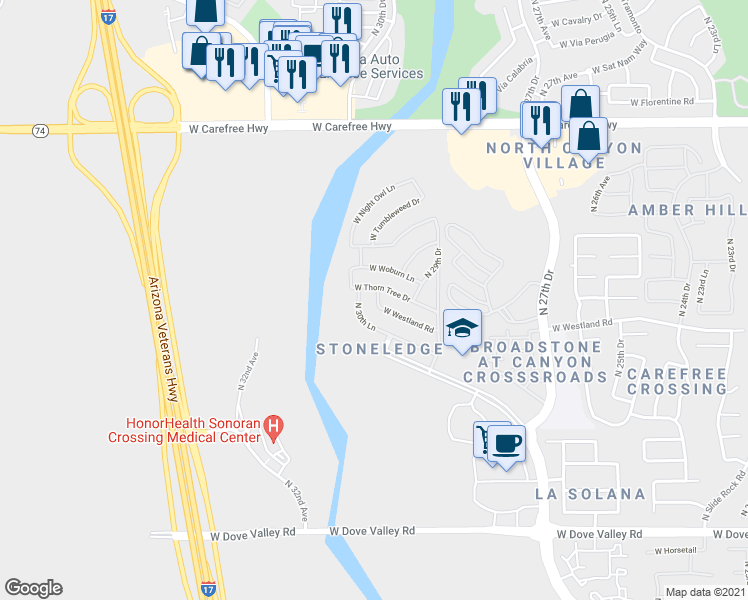 map of restaurants, bars, coffee shops, grocery stores, and more near 33829 North 30th Lane in Phoenix