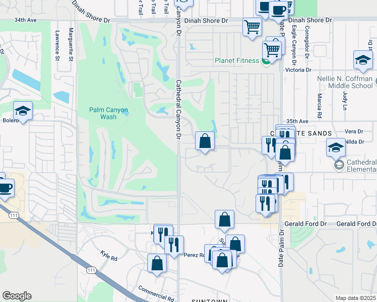 map of restaurants, bars, coffee shops, grocery stores, and more near 35200 Cathedral Canyon Drive in Cathedral City