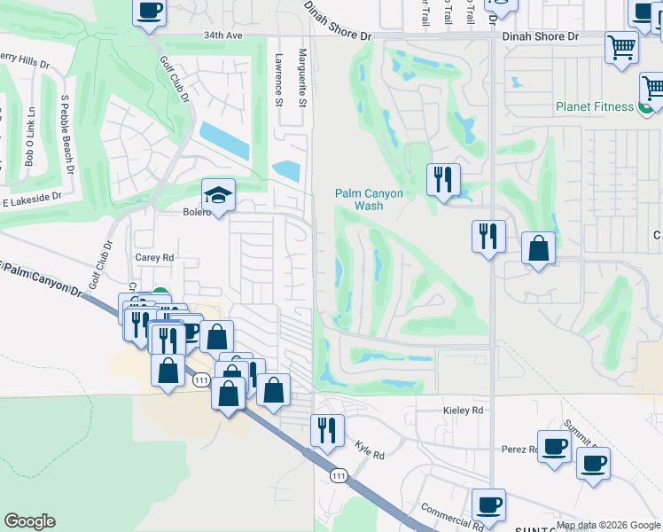 map of restaurants, bars, coffee shops, grocery stores, and more near 6718 Greenwood Circle in Palm Springs