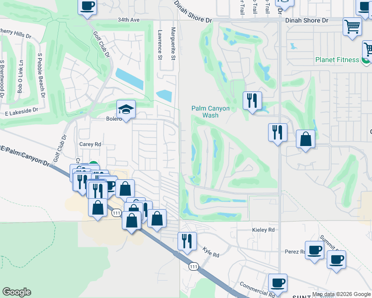 map of restaurants, bars, coffee shops, grocery stores, and more near 6718 Greenwood Circle in Palm Springs