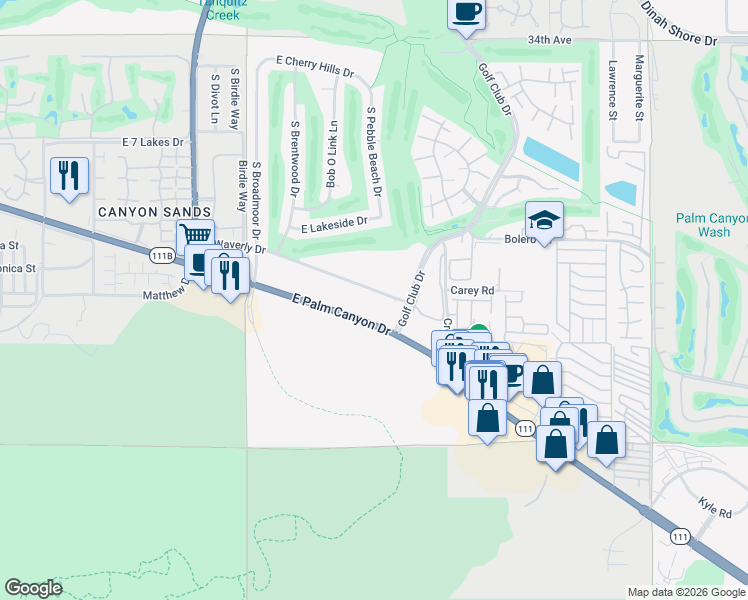 map of restaurants, bars, coffee shops, grocery stores, and more near 203 East Waverly Drive in Palm Springs