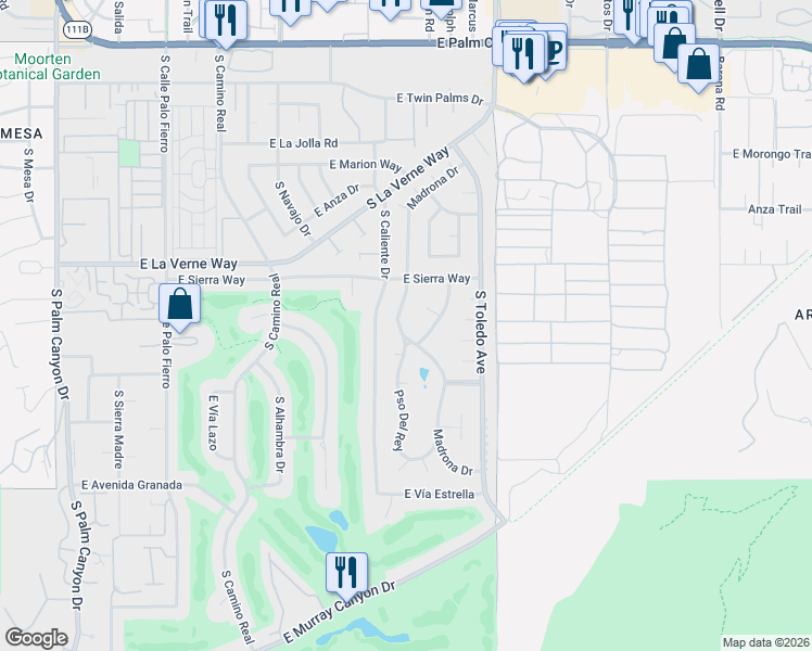 map of restaurants, bars, coffee shops, grocery stores, and more near 2202 Madrona Drive in Palm Springs