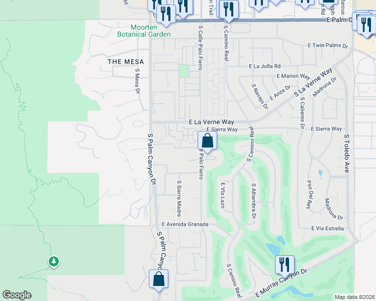 map of restaurants, bars, coffee shops, grocery stores, and more near 451 East Vía Carisma in Palm Springs
