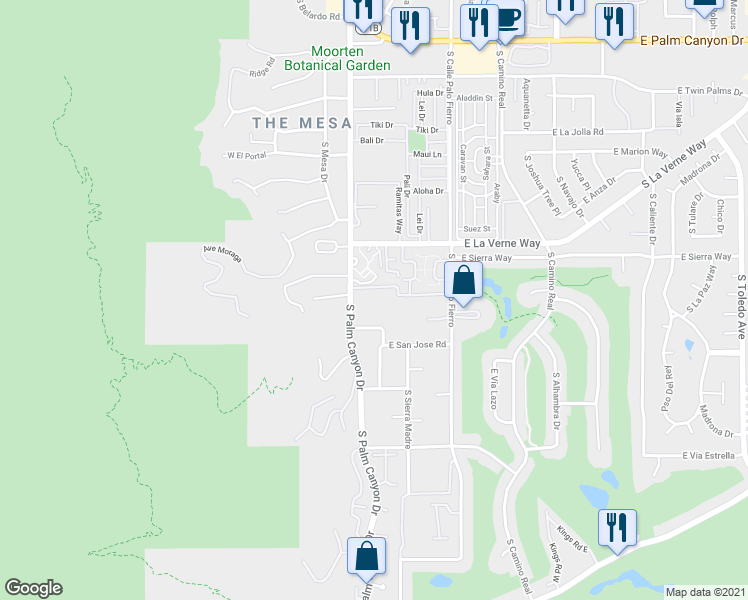 map of restaurants, bars, coffee shops, grocery stores, and more near 2190 South Palm Canyon Drive in Palm Springs