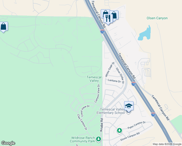 map of restaurants, bars, coffee shops, grocery stores, and more near 22586 Secret Way in Corona