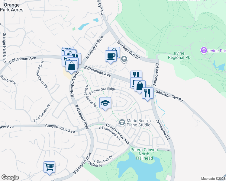 map of restaurants, bars, coffee shops, grocery stores, and more near 8139 East Star Pine Road in Orange