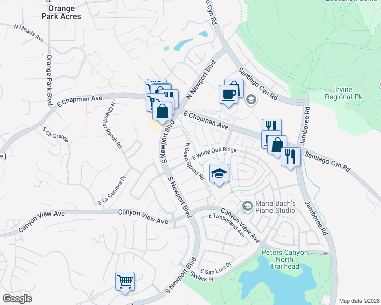 map of restaurants, bars, coffee shops, grocery stores, and more near 7721 East Appletree Lane in Orange