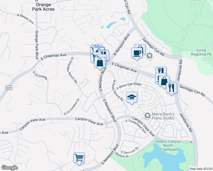map of restaurants, bars, coffee shops, grocery stores, and more near 7606 East Cedar Creek Way in Orange