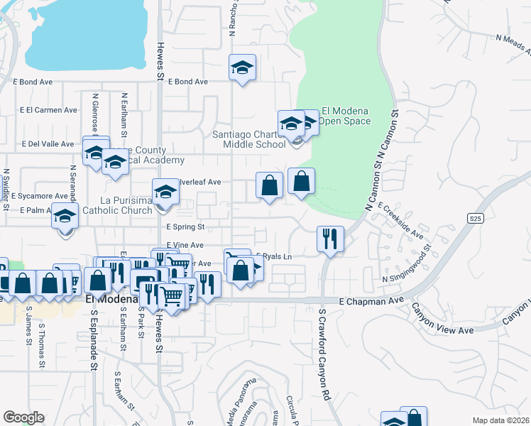 map of restaurants, bars, coffee shops, grocery stores, and more near 19201 East Avenida Palmar in Orange