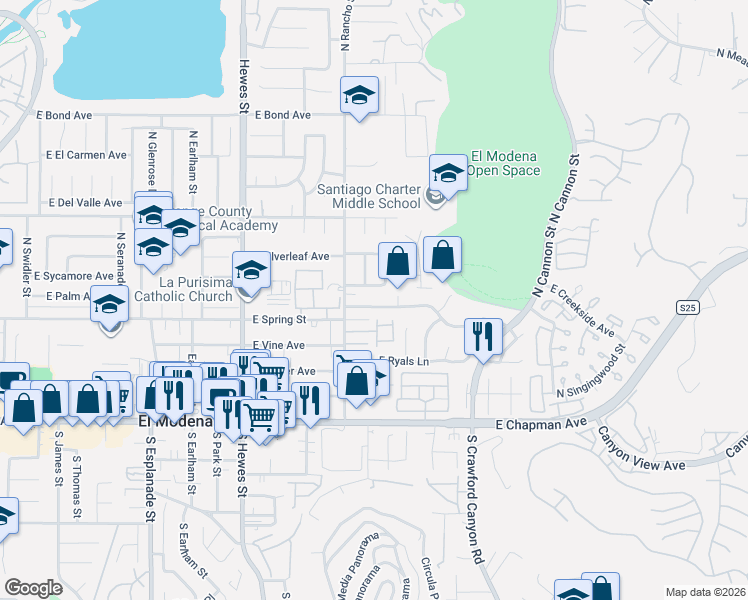 map of restaurants, bars, coffee shops, grocery stores, and more near 19201 East Avenida Palmar in Orange