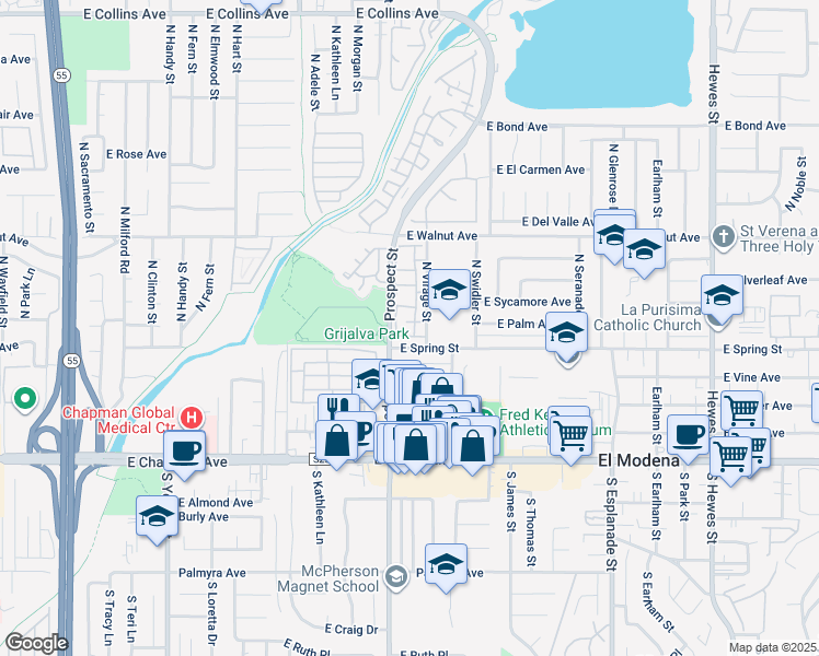 map of restaurants, bars, coffee shops, grocery stores, and more near 3328 East Lochleven Lane in Orange