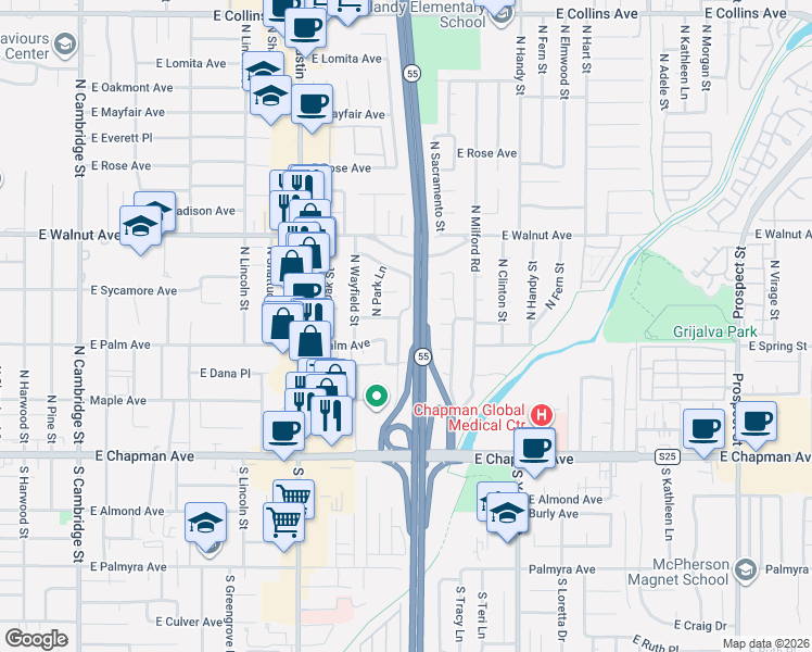 map of restaurants, bars, coffee shops, grocery stores, and more near 333 North Highland Street in Orange