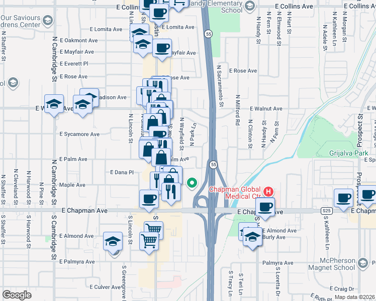 map of restaurants, bars, coffee shops, grocery stores, and more near 1943 East Palm Avenue in Orange