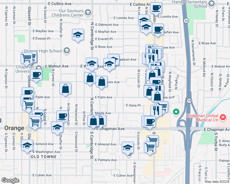 map of restaurants, bars, coffee shops, grocery stores, and more near 333 North Maplewood Street in Orange