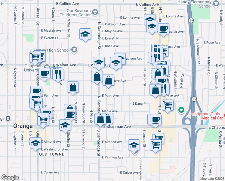 map of restaurants, bars, coffee shops, grocery stores, and more near 325 North Waverly Street in Orange