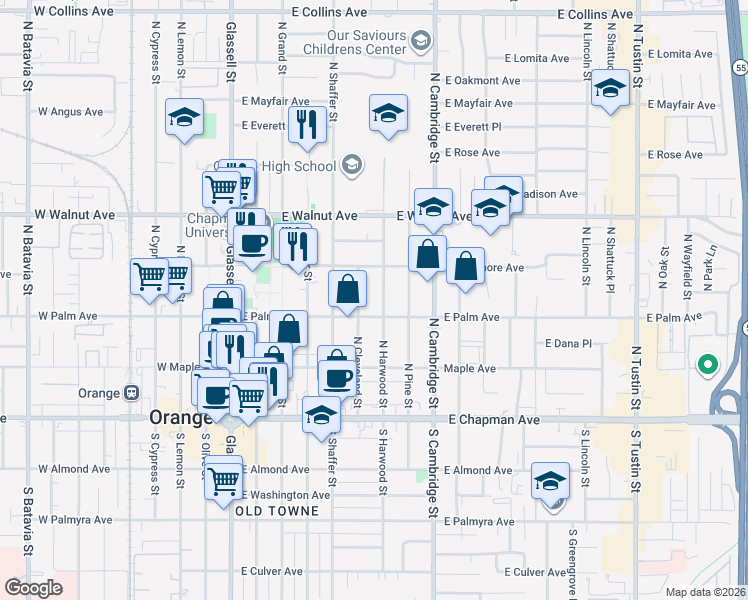 map of restaurants, bars, coffee shops, grocery stores, and more near 317 North Cleveland Street in Orange