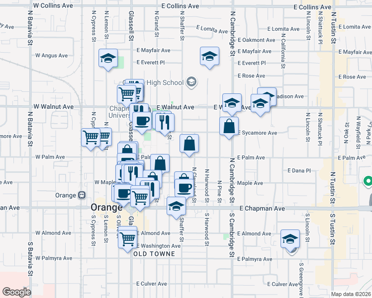 map of restaurants, bars, coffee shops, grocery stores, and more near 324 North Shaffer Street in Orange
