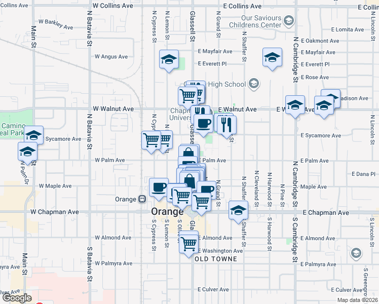 map of restaurants, bars, coffee shops, grocery stores, and more near 300 North Olive Street in Orange