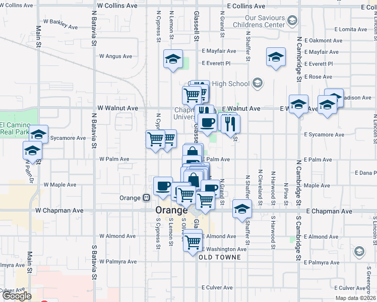 map of restaurants, bars, coffee shops, grocery stores, and more near 328 North Glassell Street in Orange