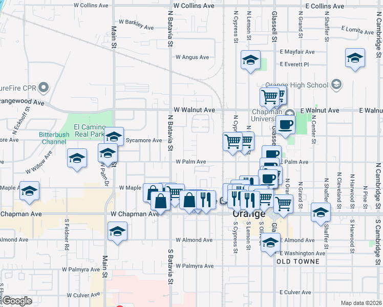 map of restaurants, bars, coffee shops, grocery stores, and more near 324 North Parker Street in Orange