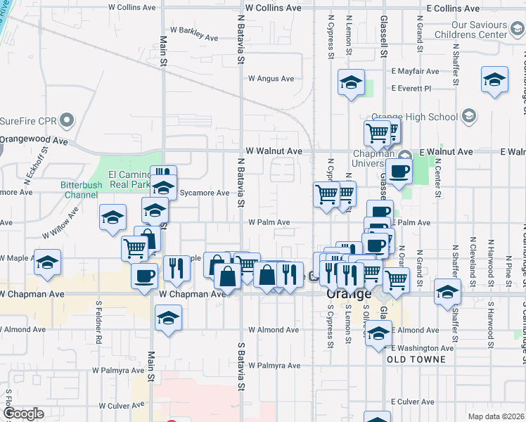 map of restaurants, bars, coffee shops, grocery stores, and more near 320 North Clark Street in Orange