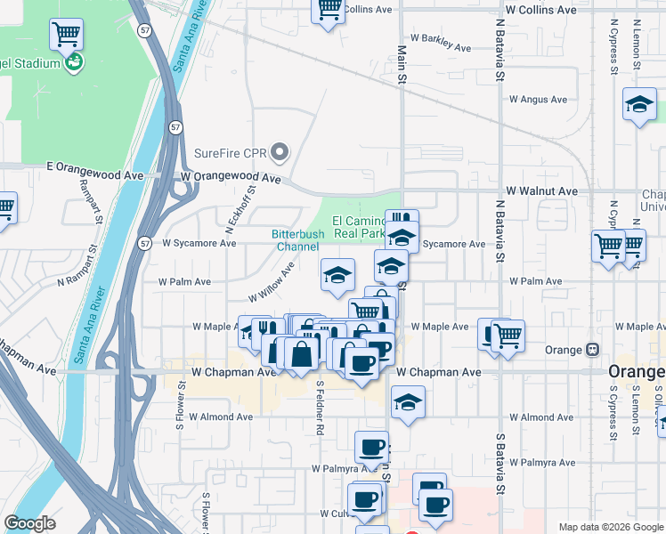 map of restaurants, bars, coffee shops, grocery stores, and more near 338 North Elm Street in Orange