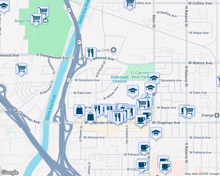 map of restaurants, bars, coffee shops, grocery stores, and more near 1930 West Spruce Avenue in Orange