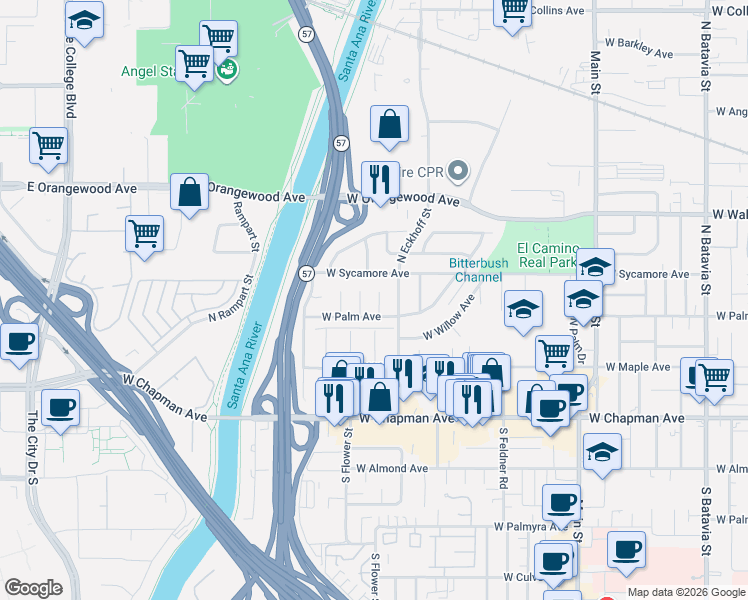 map of restaurants, bars, coffee shops, grocery stores, and more near 320 North Stevens Street in Orange