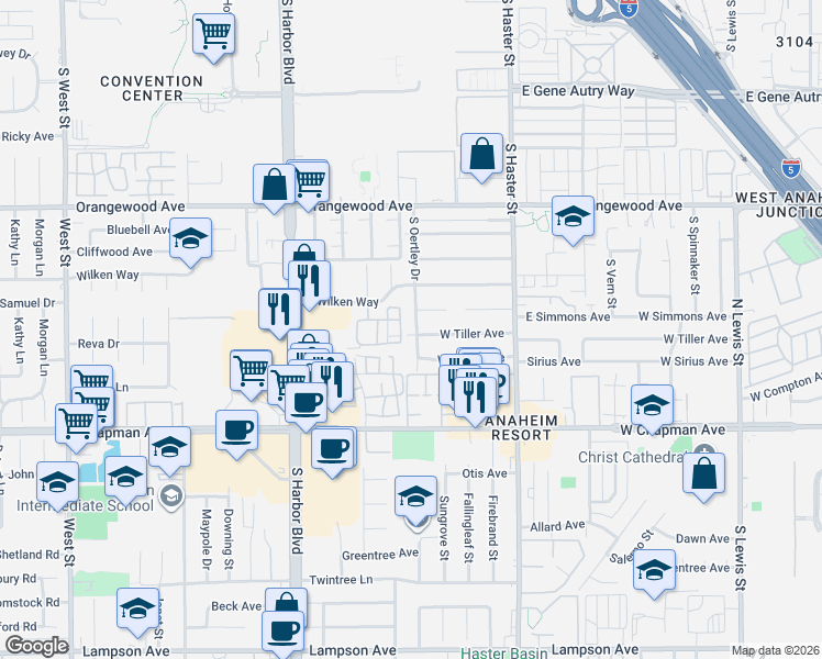 map of restaurants, bars, coffee shops, grocery stores, and more near 325 West Tiller Avenue in Anaheim