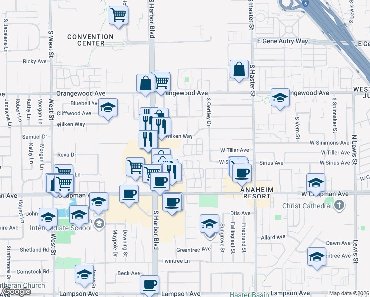 map of restaurants, bars, coffee shops, grocery stores, and more near 500 West Summerfield Circle in Anaheim