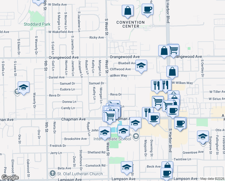map of restaurants, bars, coffee shops, grocery stores, and more near 11762 Timmy Lane in Garden Grove